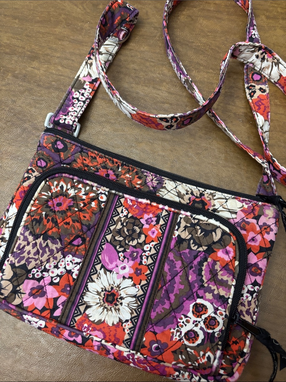 Quilted Floral Crossbody Bag in Brown, Purple & Red